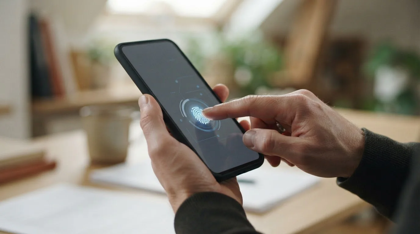 Hand aktiviert biometrischen Fingerabdruck-Login auf Smartphone