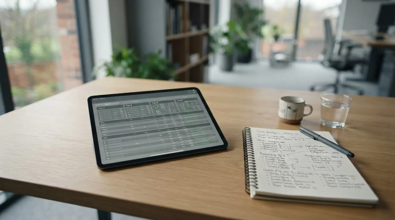 Analytischer Arbeitsplatz mit Tablet und Notizen zur Bewertung von Bundesliga-Wettquoten