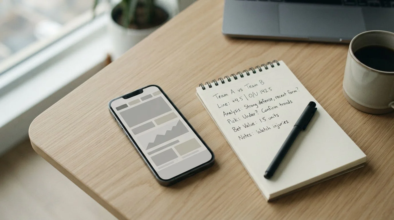 Smartphone mit neutraler Wett-App-Oberfläche auf modernem Schreibtisch mit Notizbuch