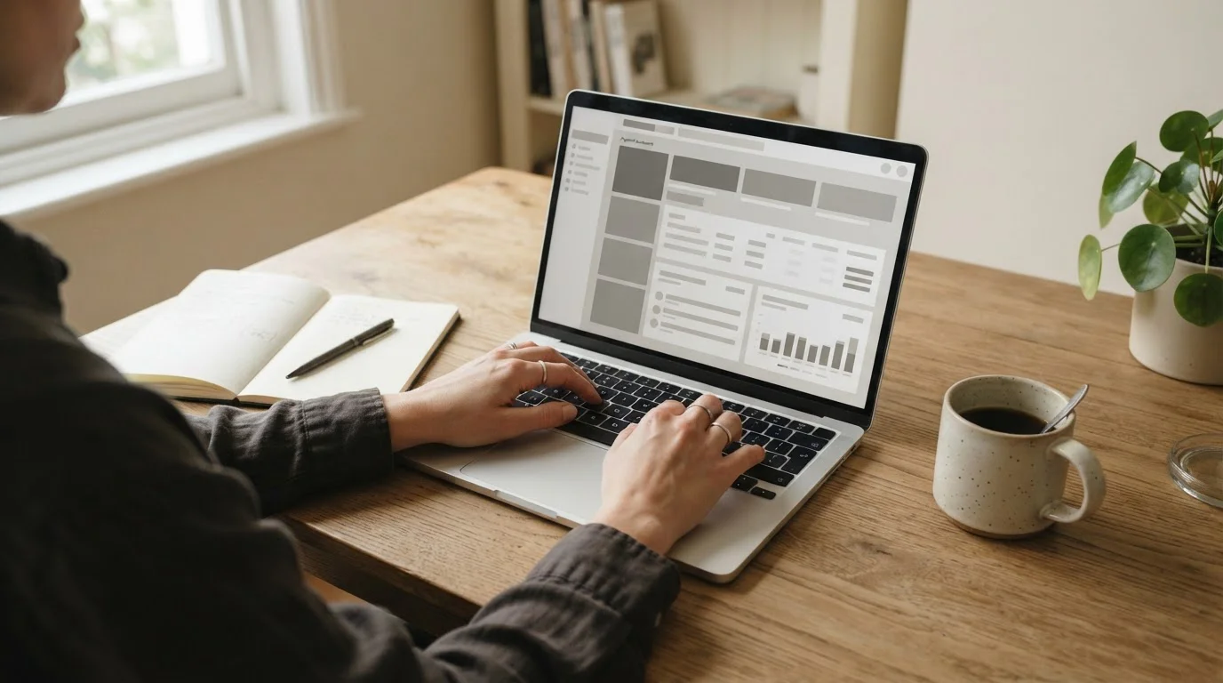 Person prüft Auszahlungsstatus auf Laptop im schlichten Arbeitsumfeld