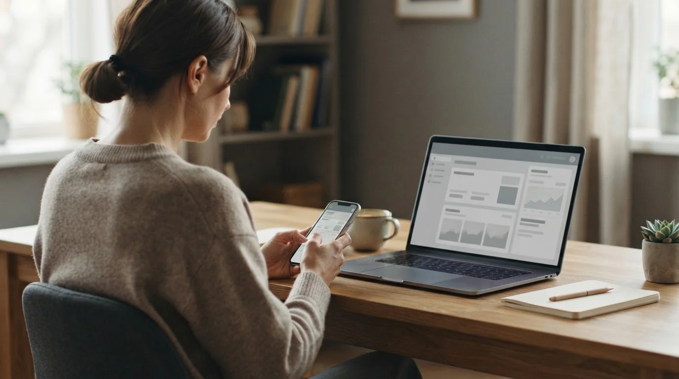 Sportler analysiert verschiedene Wett-Apps auf Smartphone und Laptop in ruhiger Umgebung