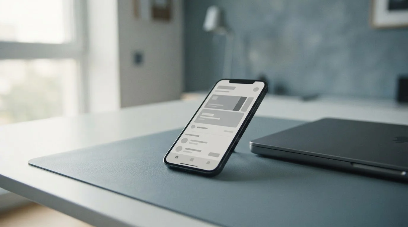 Smartphone mit Aircash-Bezahlanwendung neben neutralem Laptop auf minimalistischem Schreibtisch