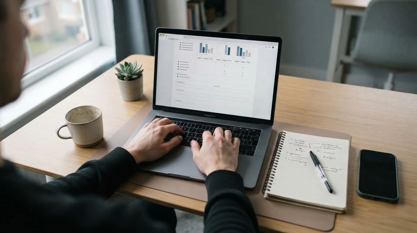 Person analysiert Wettanbieter-Vergleich mit Banküberweisung am Laptop