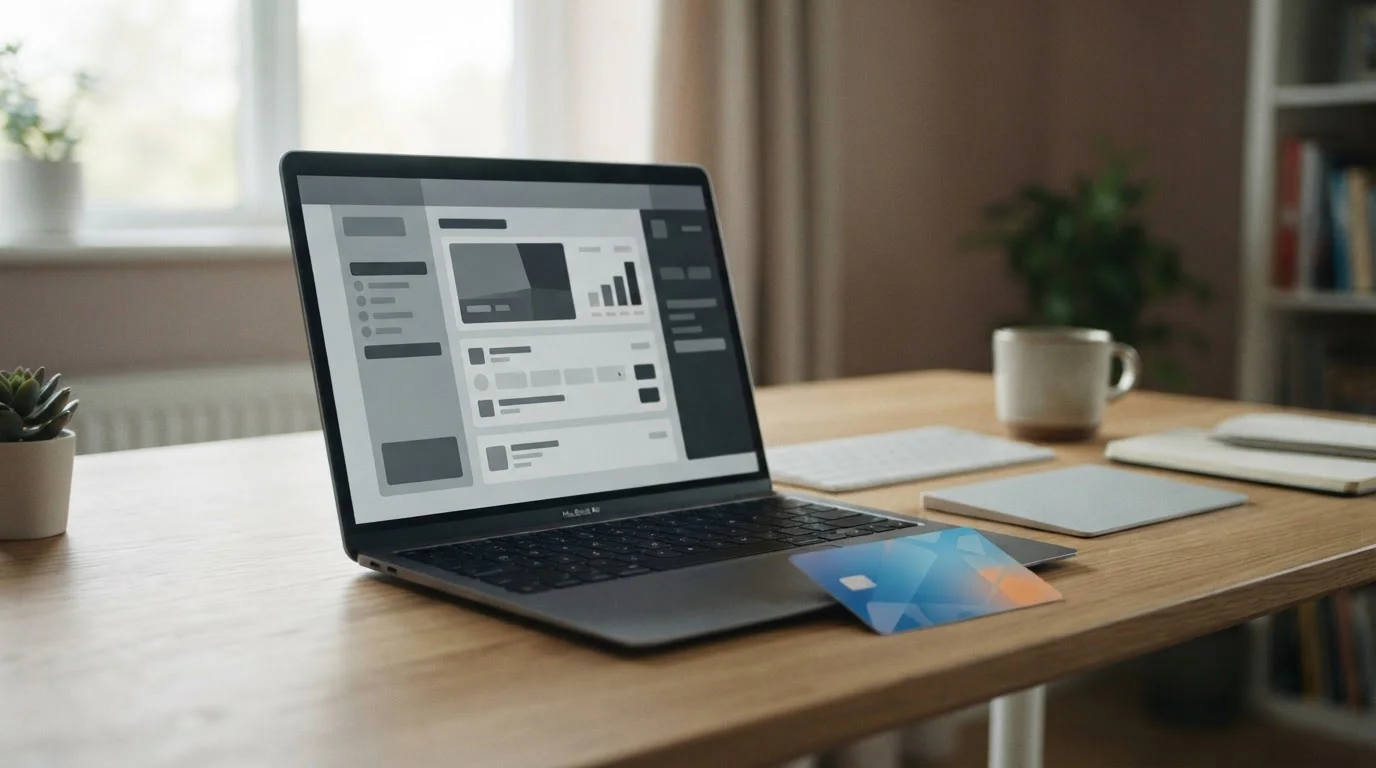 Laptop mit abstrakter Wettplattform und Neosurf-Prepaid-Voucher auf Schreibtisch