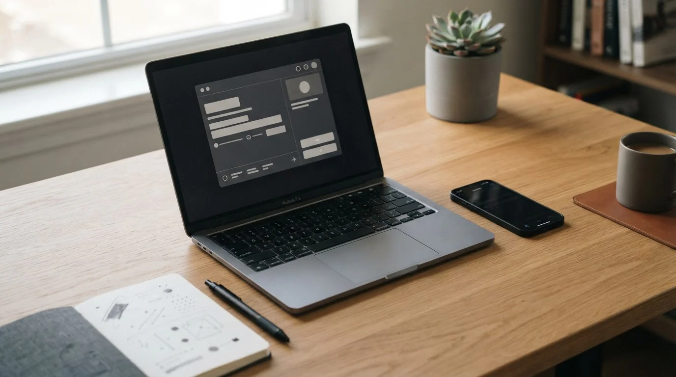 Laptop mit neutraler Zahlungsschnittstelle und Smartphone auf einem aufgeräumten Schreibtisch