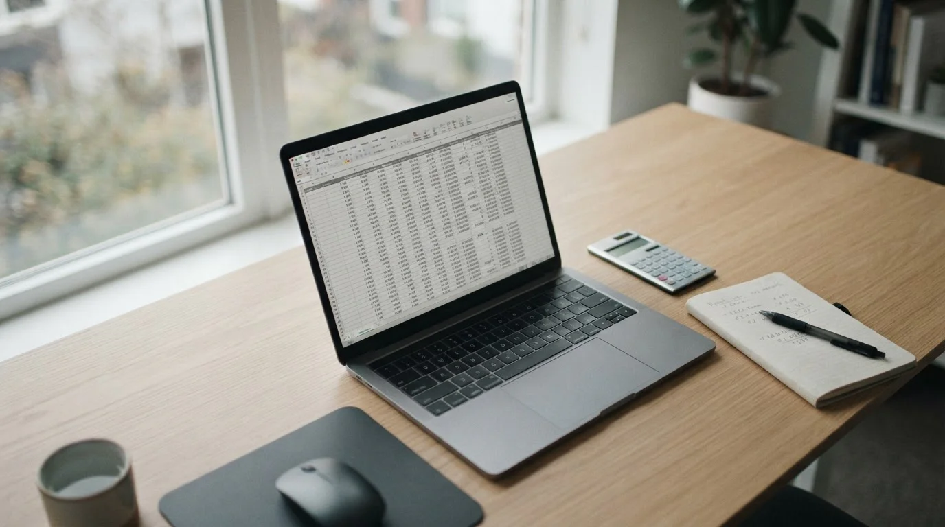 Vergleichsanalyse von Wettanbietern auf einem Laptop mit Taschenrechner und Notizen
