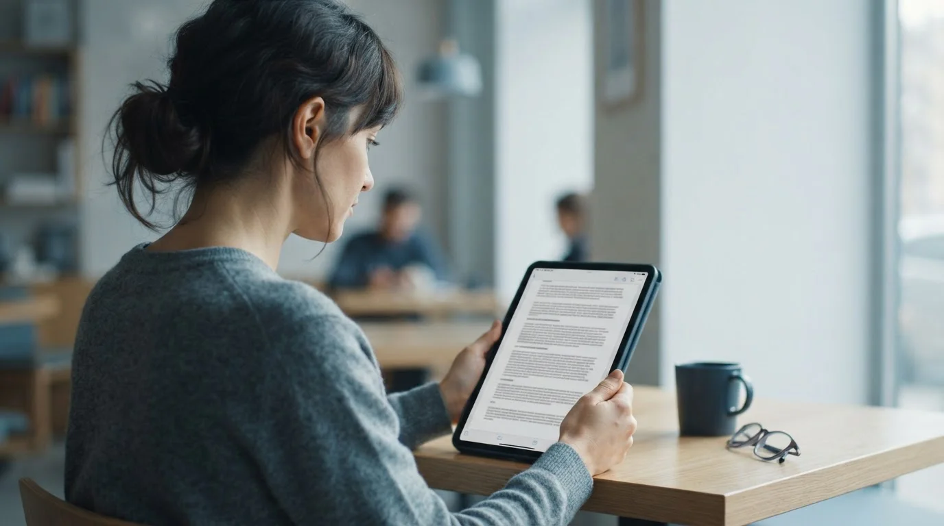 Person liest Bonusbedingungen auf Tablet-Bildschirm