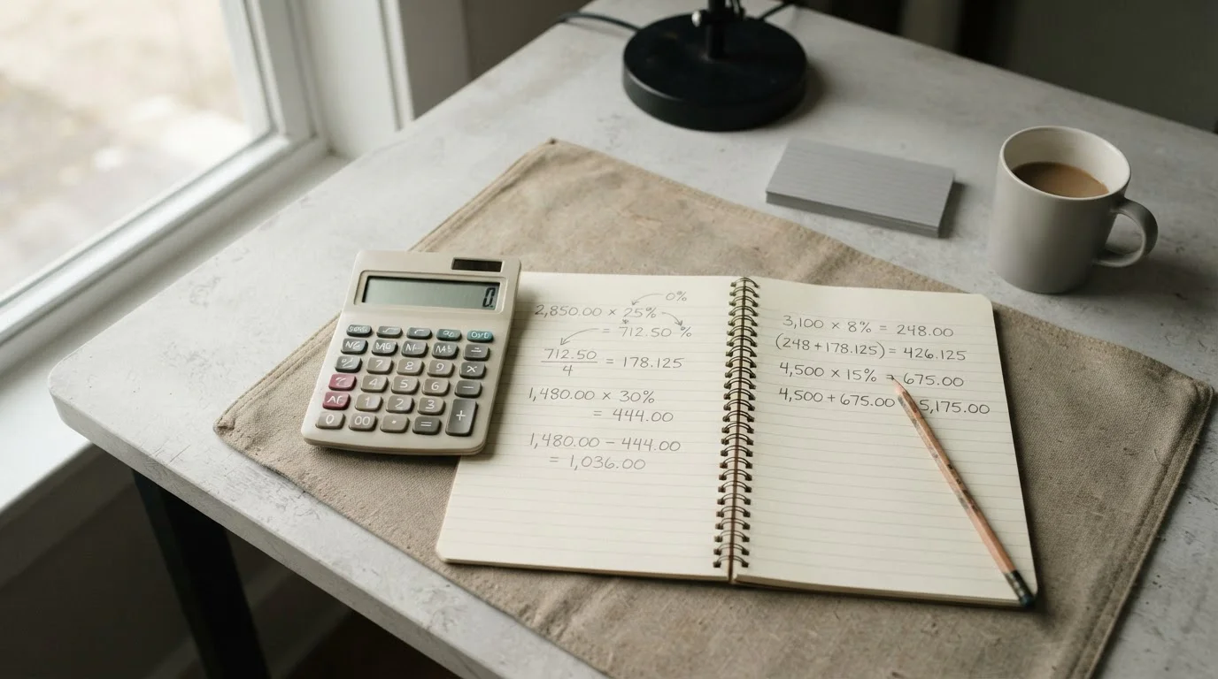 Taschenrechner und handschriftliche Berechnung von Bonusbedingungen