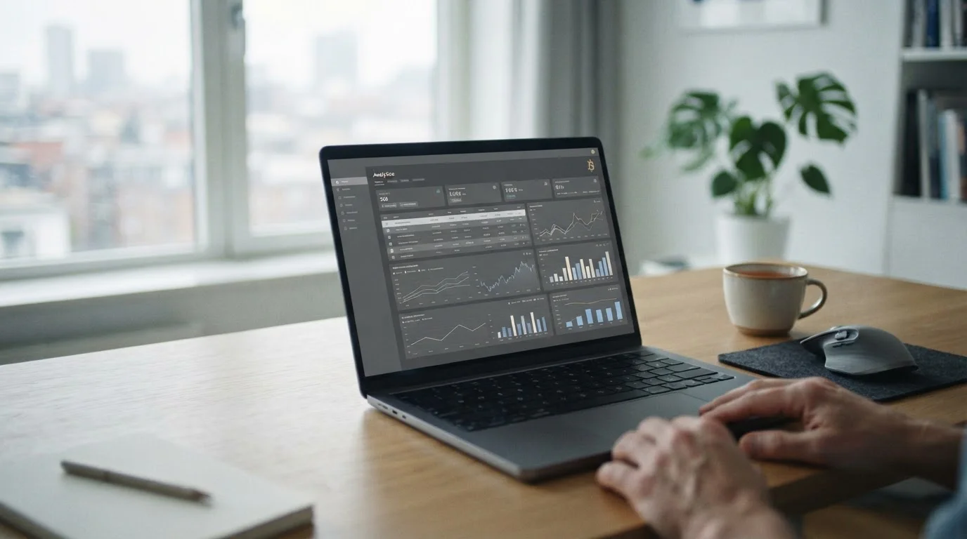 Laptop mit abstraktem Dashboard für Bitcoin-Wettanbieter auf neutralem Schreibtisch