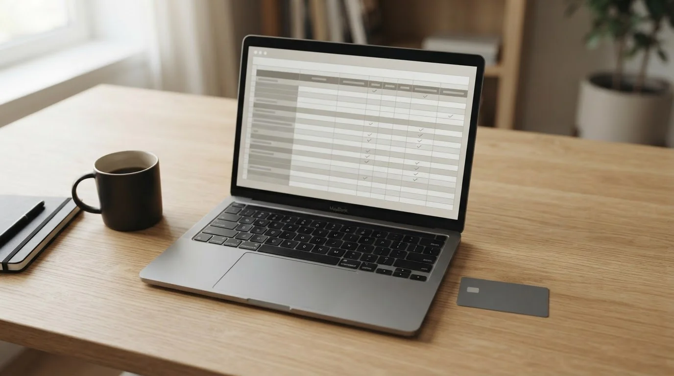 Person prüft Wettanbieter-Vergleich auf Laptop mit Kreditkarte daneben