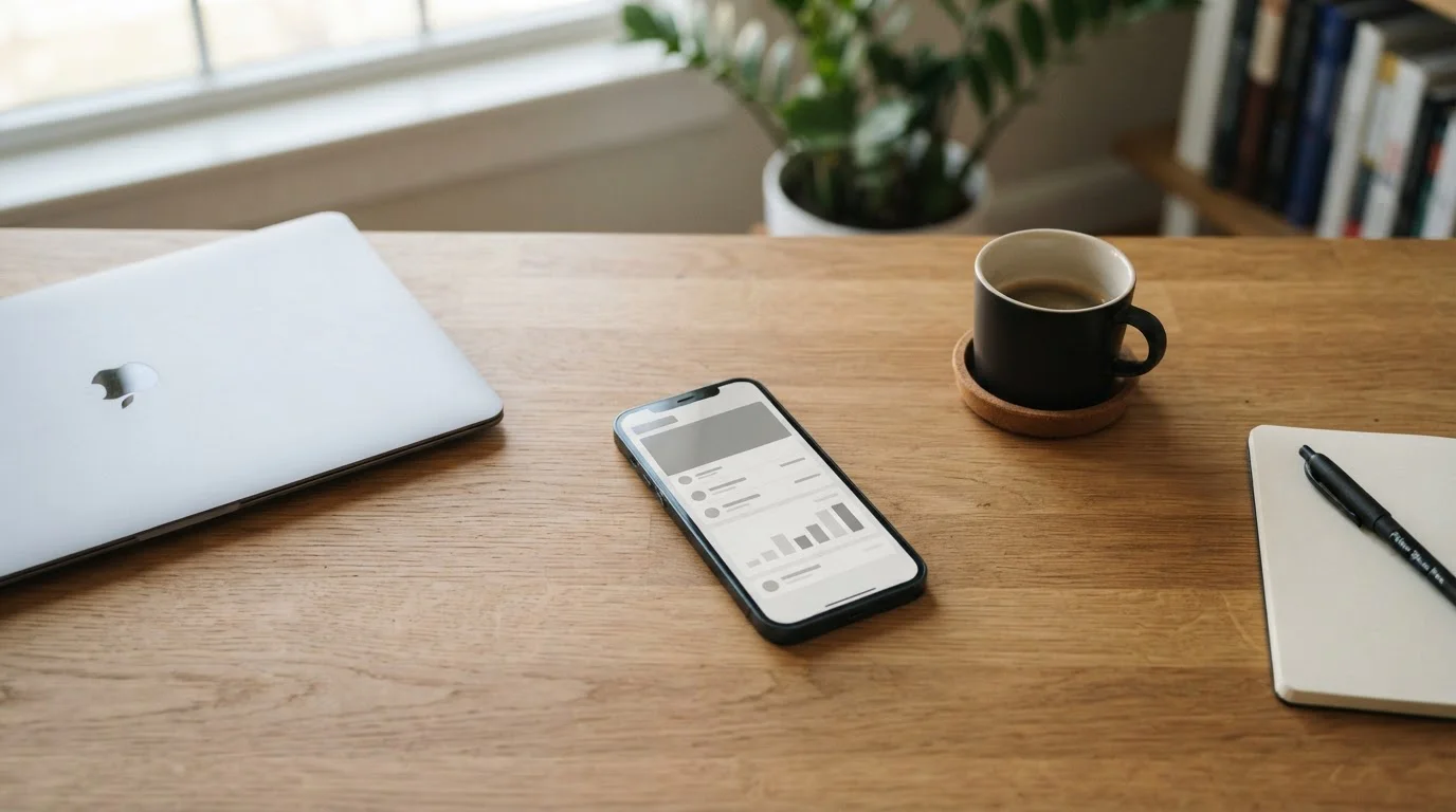 Smartphone mit Neteller-Zahlungsschnittstelle auf neutralem Schreibtisch neben Laptop