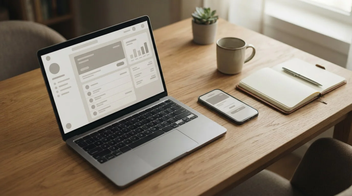 Desktop-Arbeitsplatz mit aufgeklapptem Laptop und Smartphone, auf dem Bildschirm neutrale Zahlungsoptionen