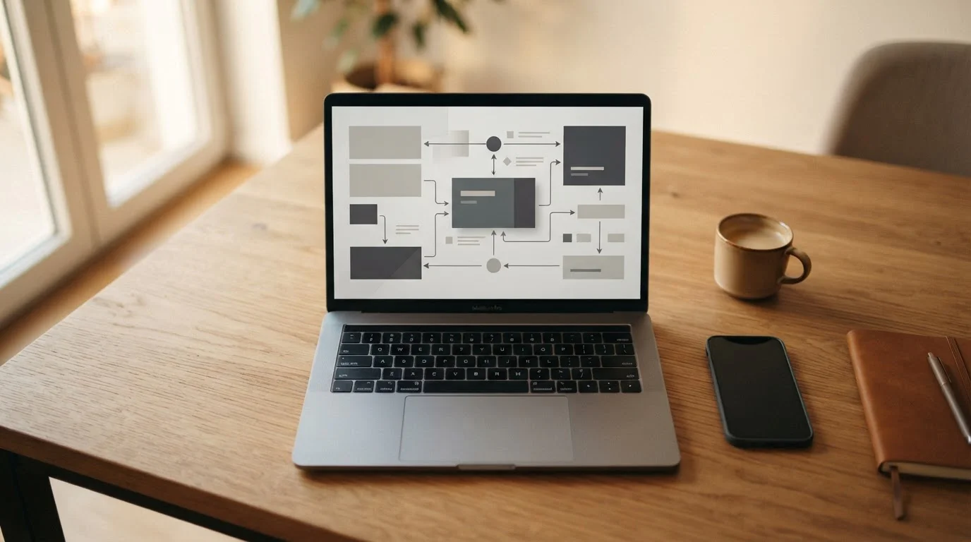 Laptop mit abstraktem Banking-Interface und Smartphone auf Holztisch, symbolisiert schnelle Zahlungsabwicklung