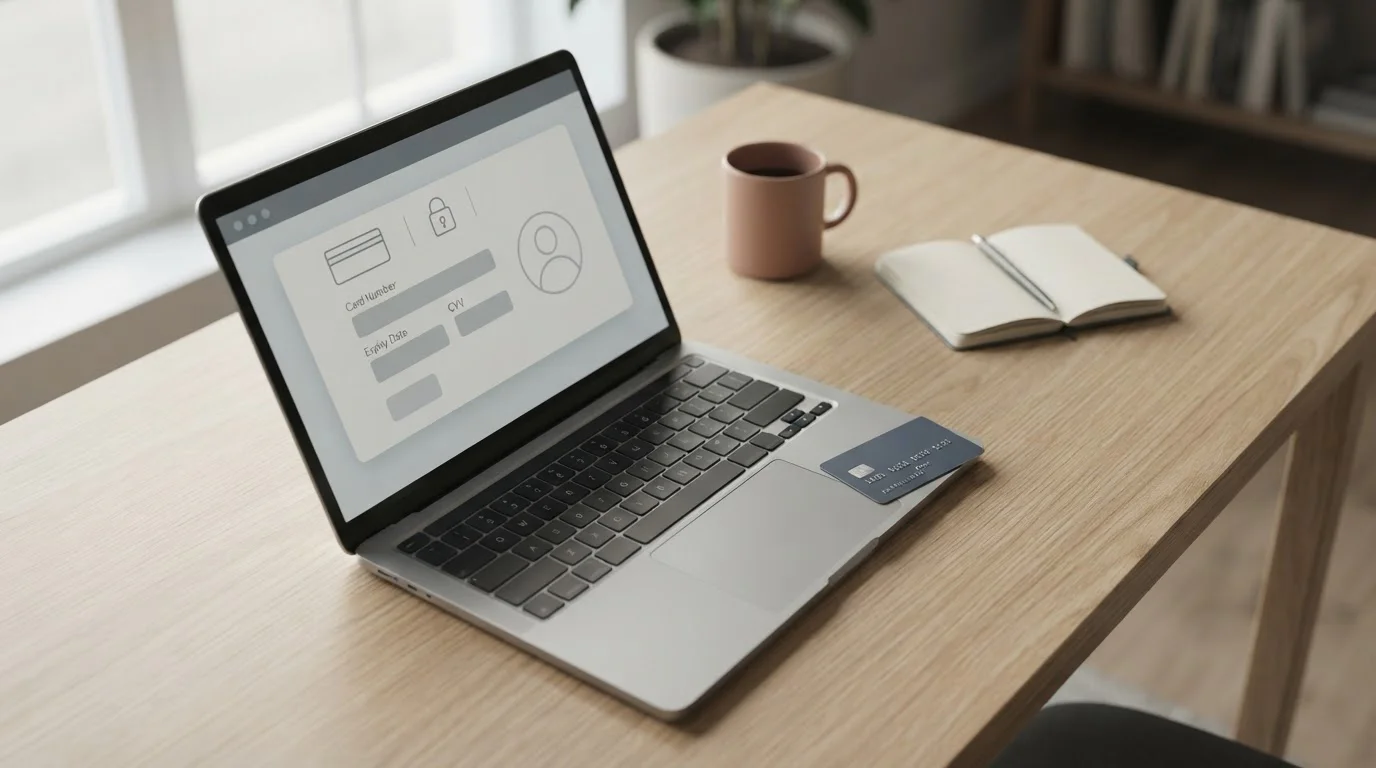 Laptop mit neutraler Zahlungsschnittstelle und Visa-Karte auf Schreibtisch
