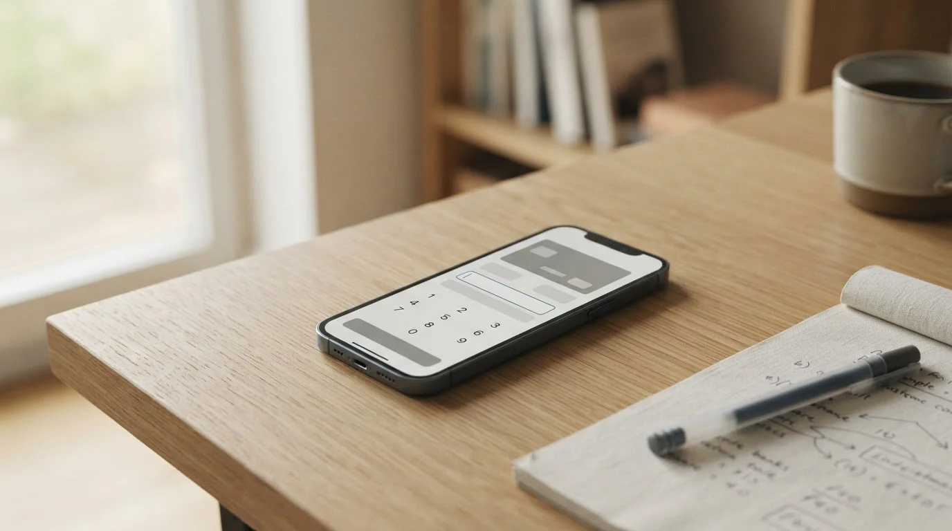 Smartphone mit Zimpler-Zahlungsschnittstelle auf hellem Schreibtisch neben Notizen