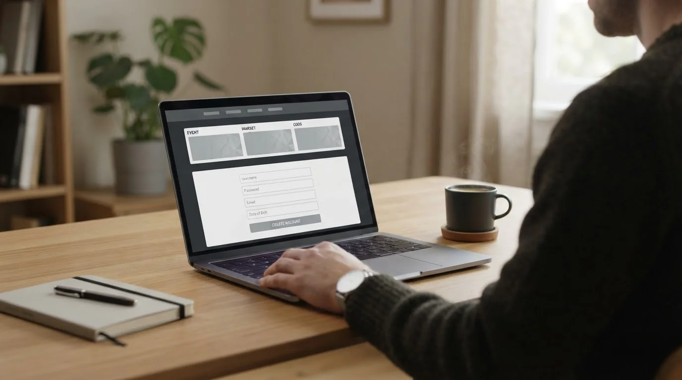Laptop auf Schreibtisch zeigt leeren Anmeldebildschirm einer Wettplattform