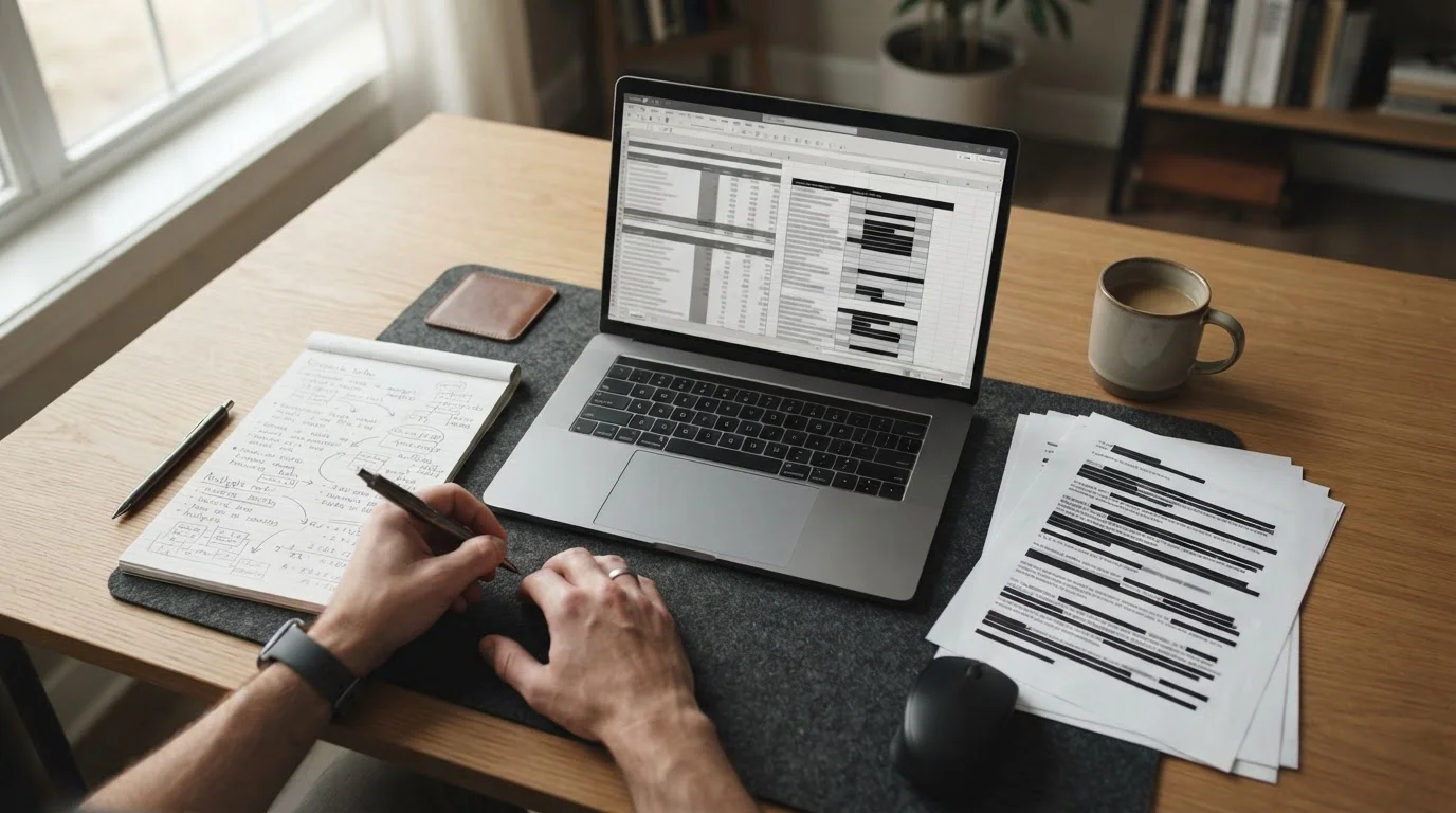 Arbeitsplatz mit Laptop und Recherchematerialien zum Vergleich von Wettanbietern ohne deutsche Lizenz