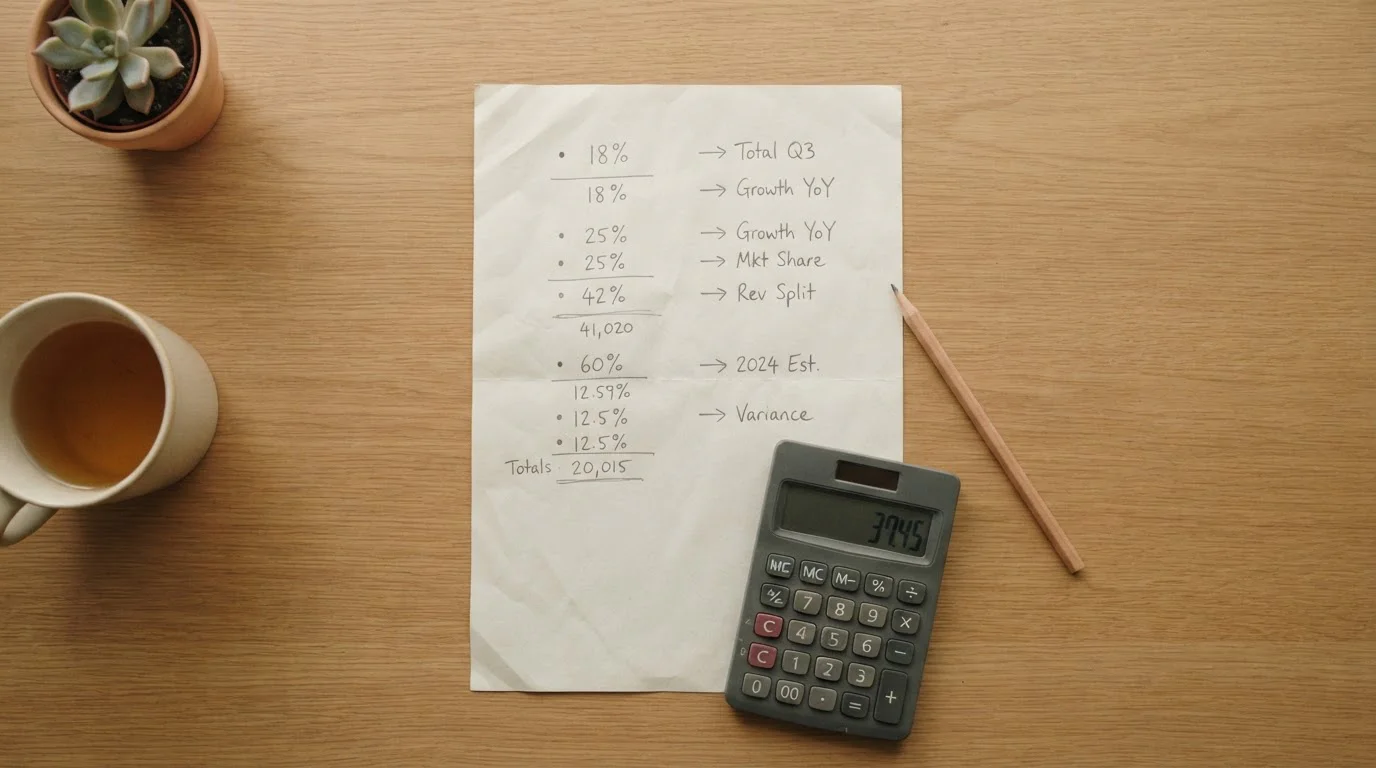 Taschenrechner und beschriftetes Papier mit Prozentzahlen auf einem Schreibtisch