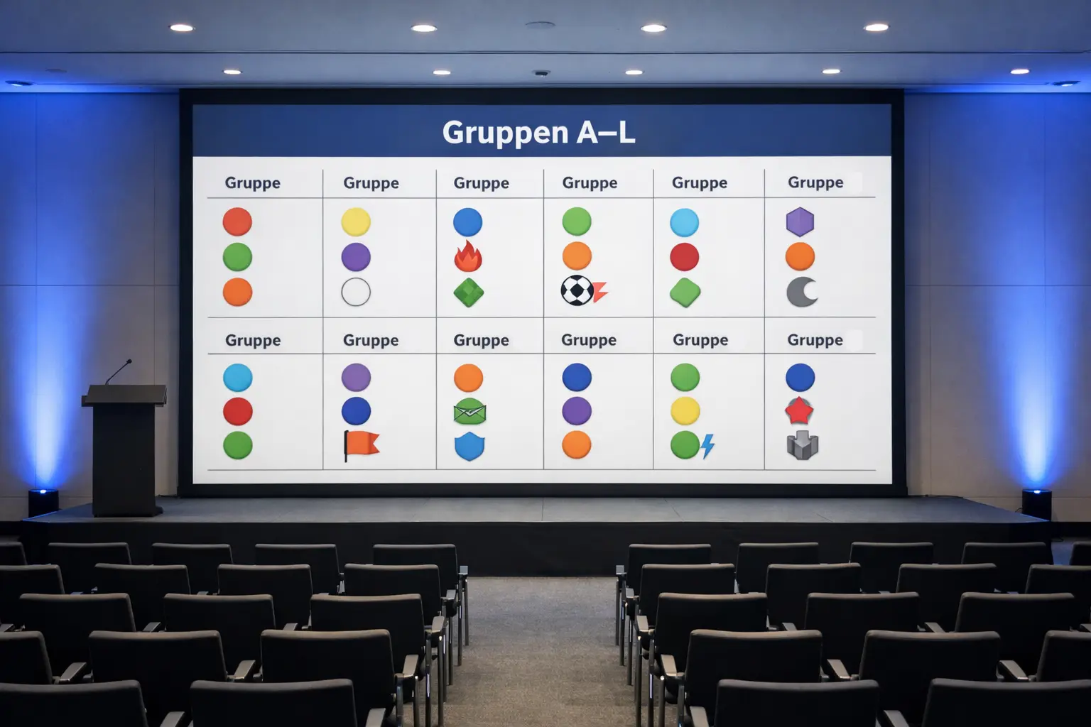 Übersichtstafel mit Gruppenkonstellationen im Konferenzraum