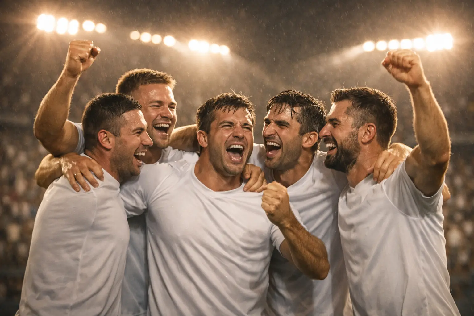 Fussballmannschaft jubelt nach einem wichtigen Sieg im Stadion