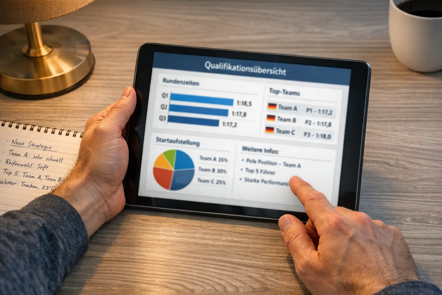 Person analysiert Fussballstatistiken auf dem Tablet am Schreibtisch