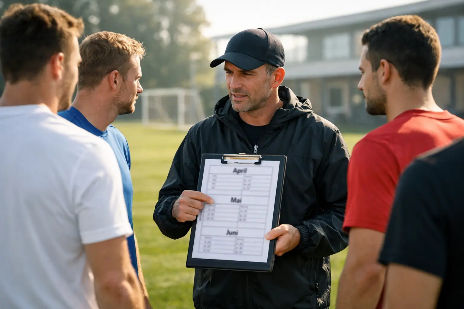 Trainer bespricht den Spielplan mit der Mannschaft auf dem Trainingsplatz