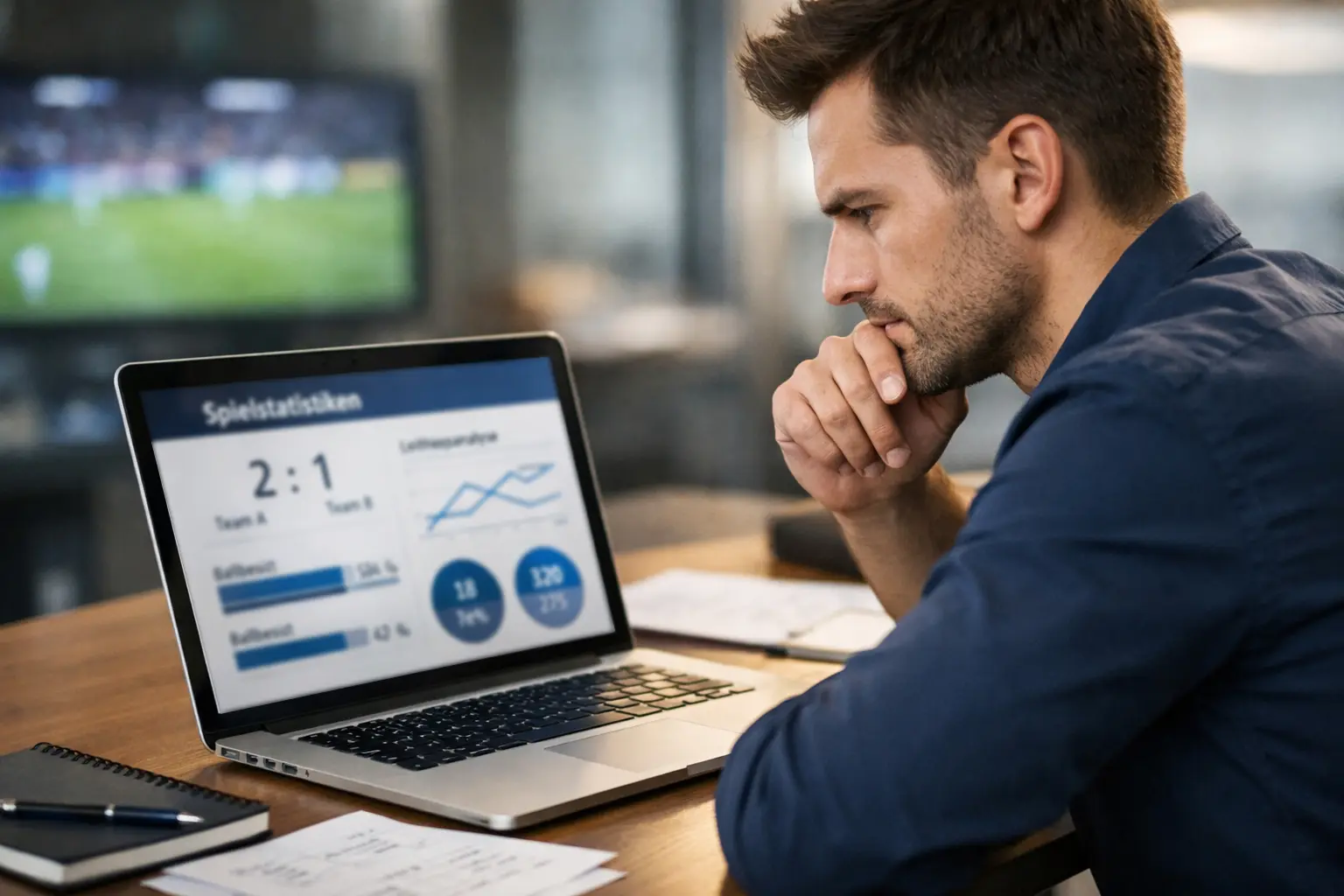 Sportanalyst arbeitet konzentriert am Laptop mit Statistiken