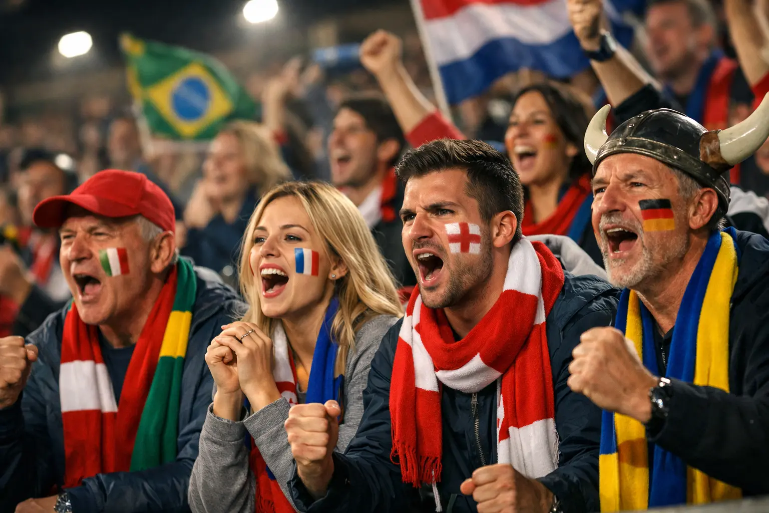 Begeisterte Fussballfans im Stadion mit Fahnen und Schals