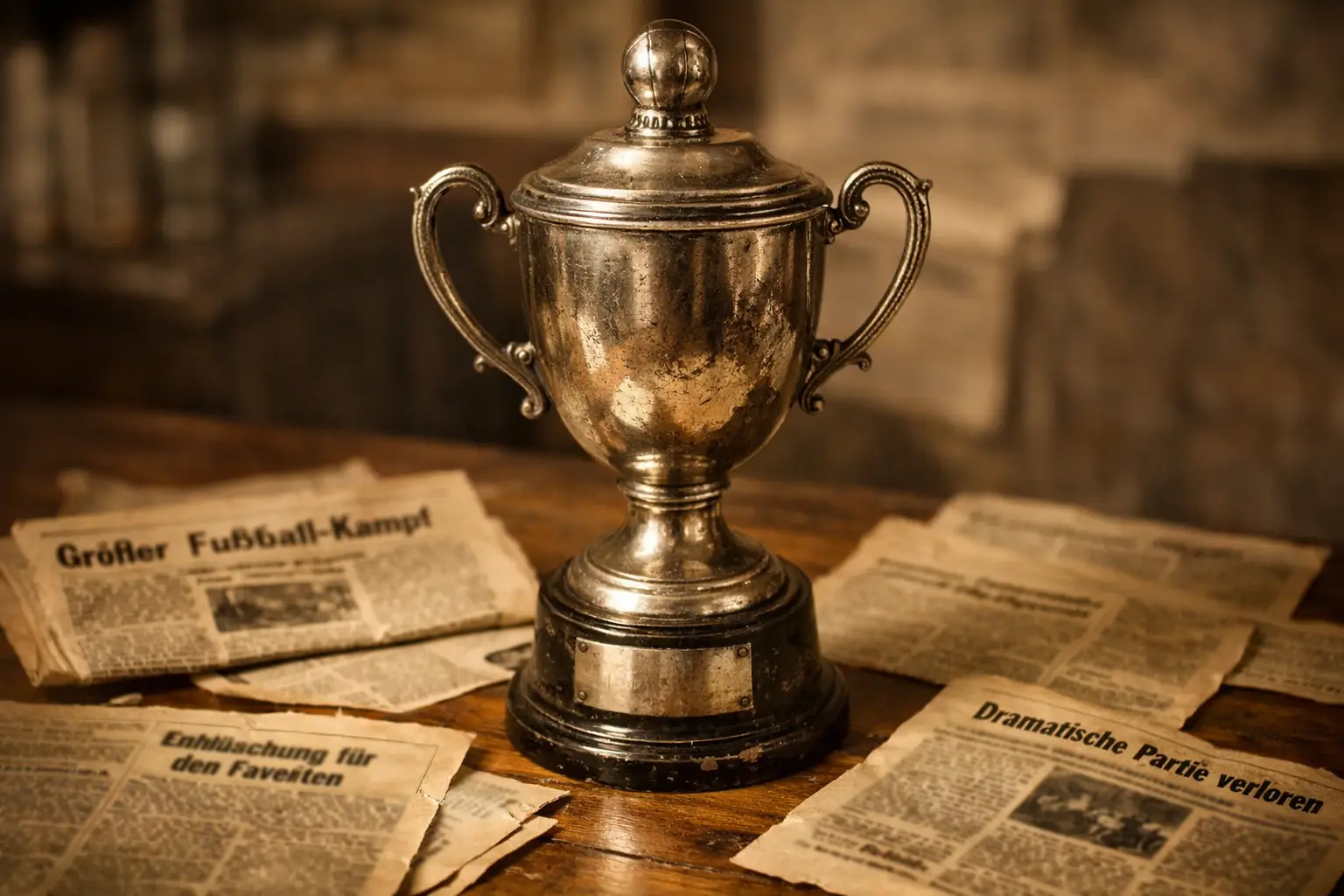 Alte Fussballtrophae neben historischen Zeitungsausschnitten
