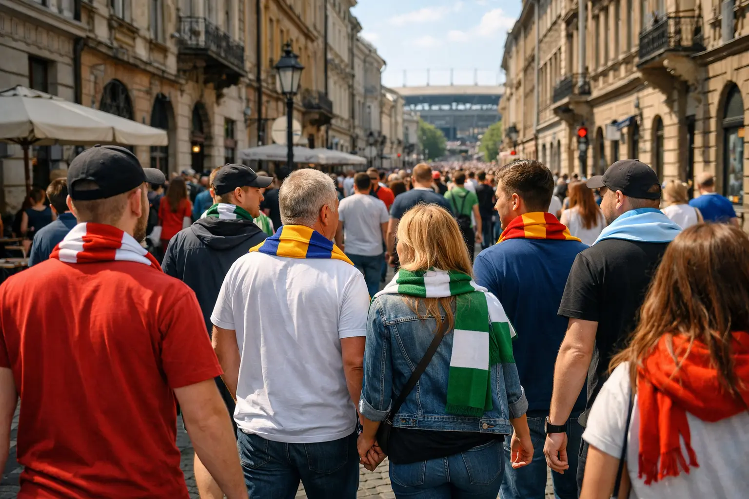 Fussballfans in der Innenstadt auf dem Weg zum Stadion mit Schals und Trikots