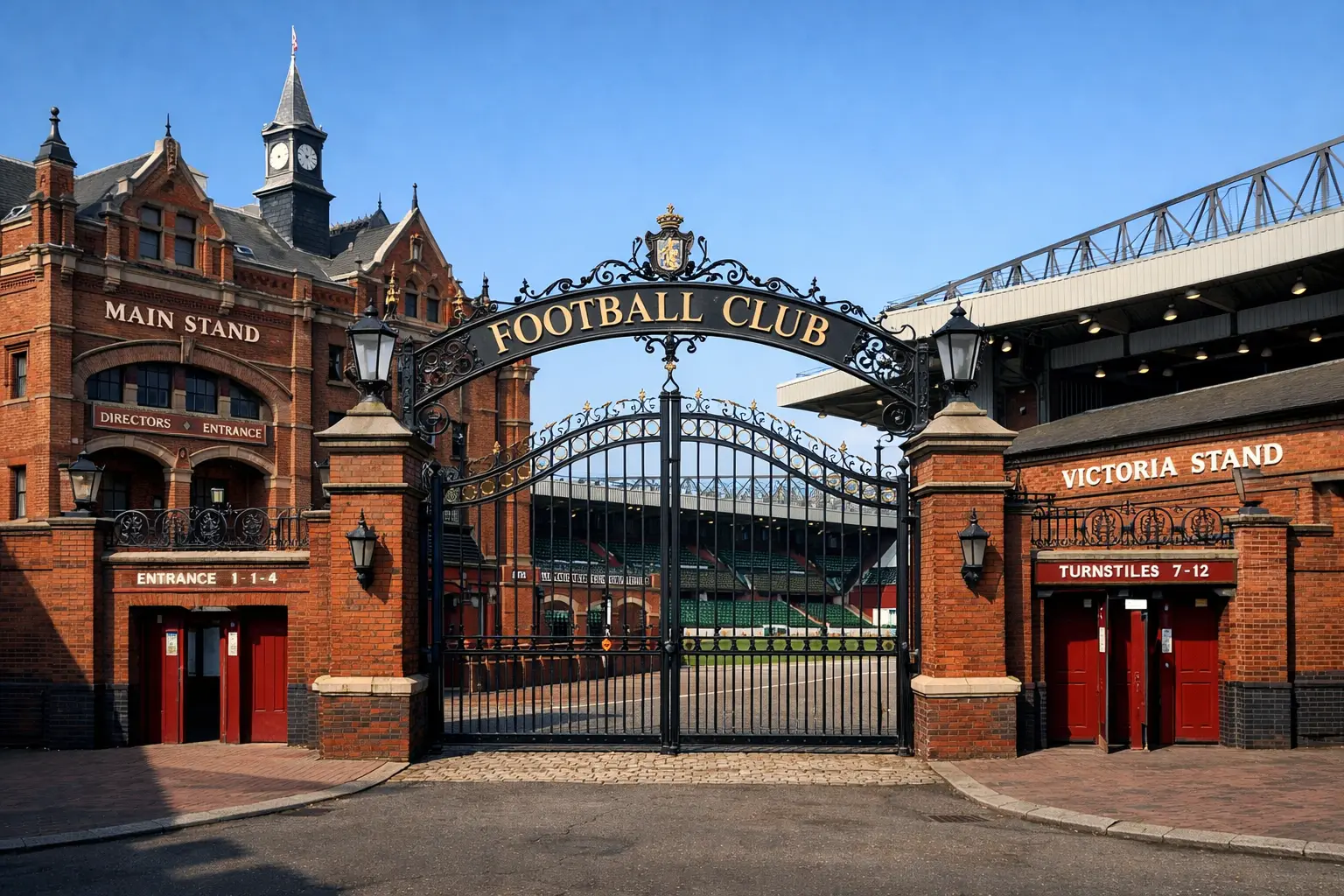 Historisches Fussballstadion mit klassischer Architektur bei Tageslicht