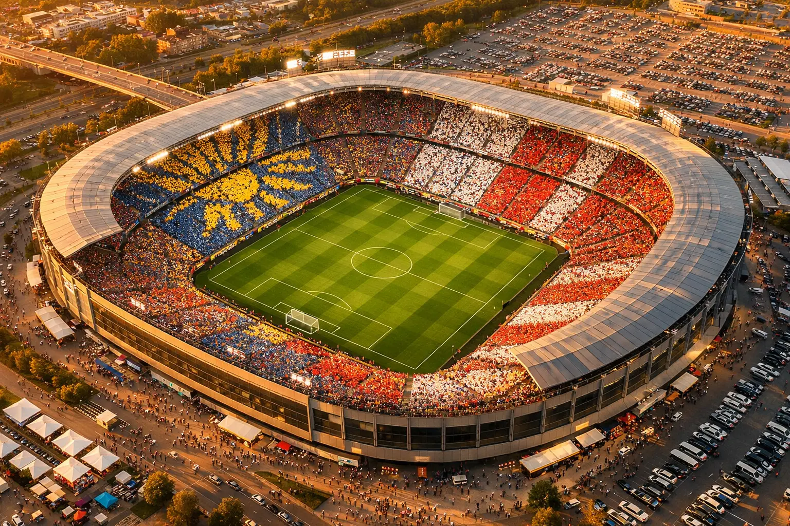Luftaufnahme eines modernen Fussballstadions mit vollem Zuschauerrang