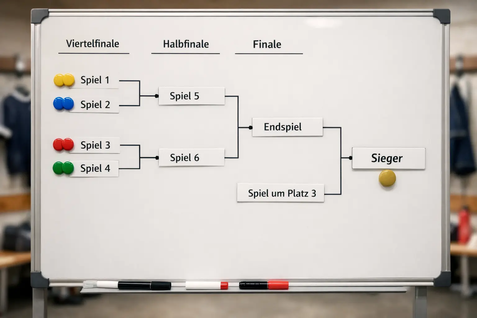 Taktiktafel mit Turnierbaum-Struktur und Linien zwischen den Runden