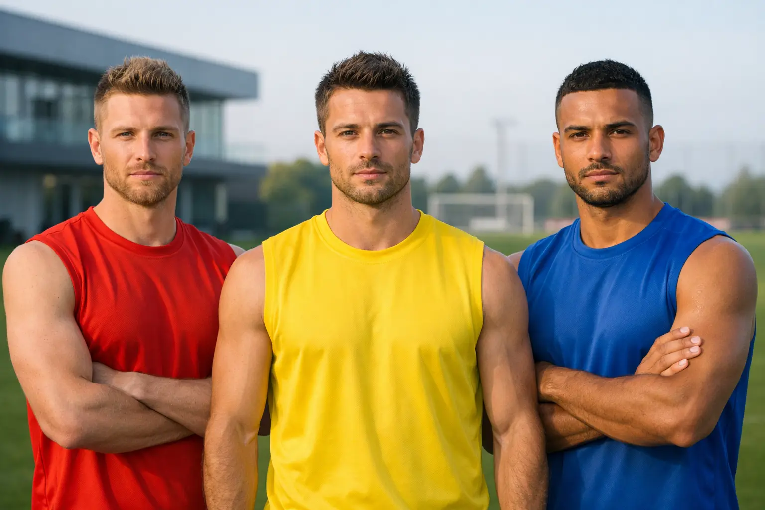 Drei Fussballstuermer stehen nebeneinander auf dem Trainingsplatz
