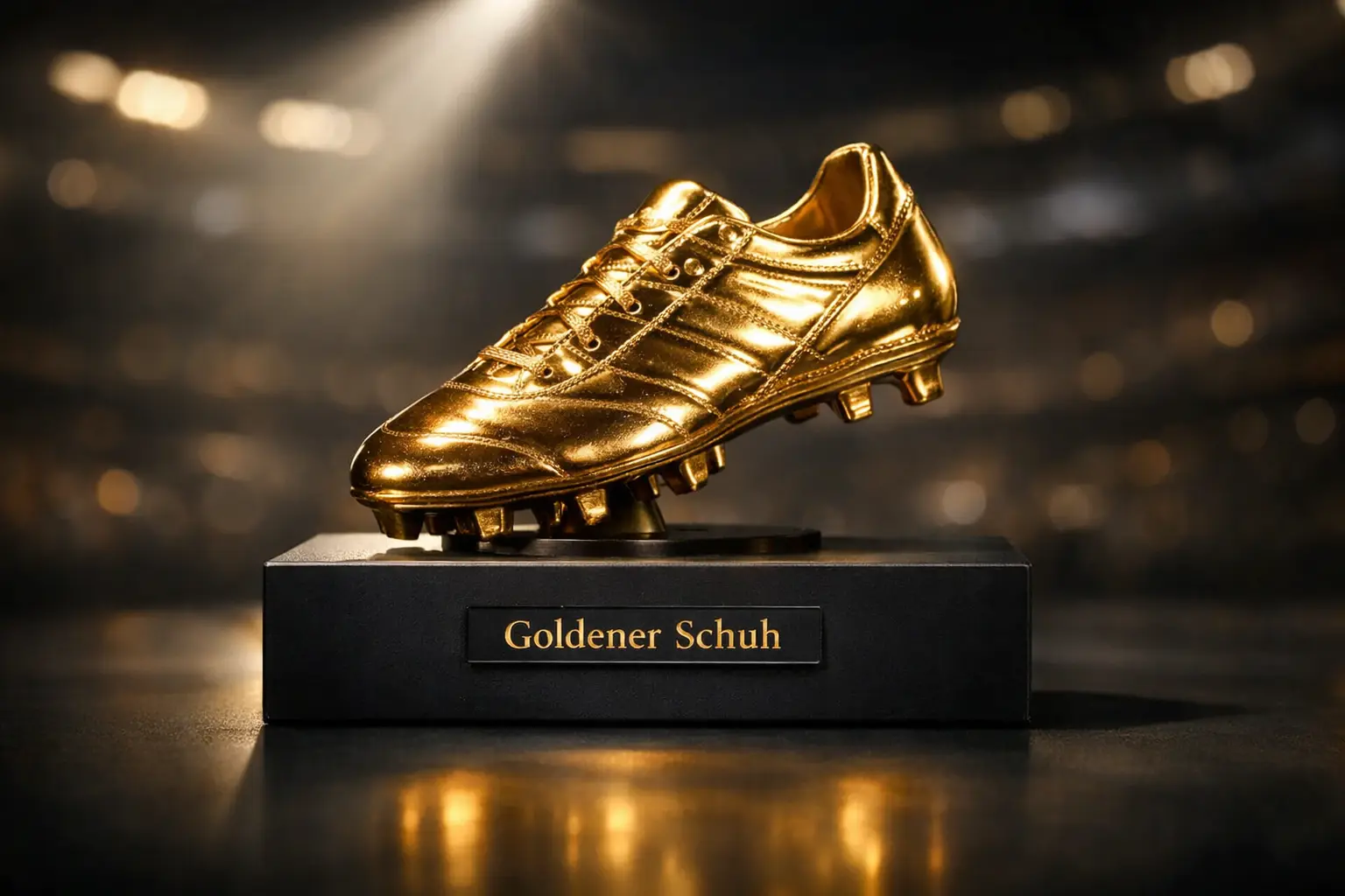 Goldener Schuh Trophaee auf einem Podest im Stadion