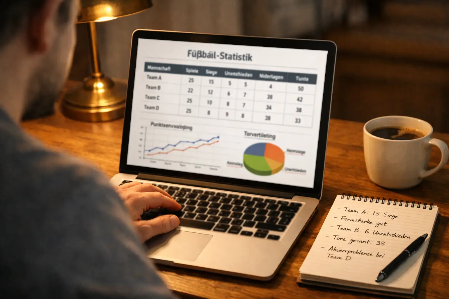 Person analysiert Fussballstatistiken am Laptop