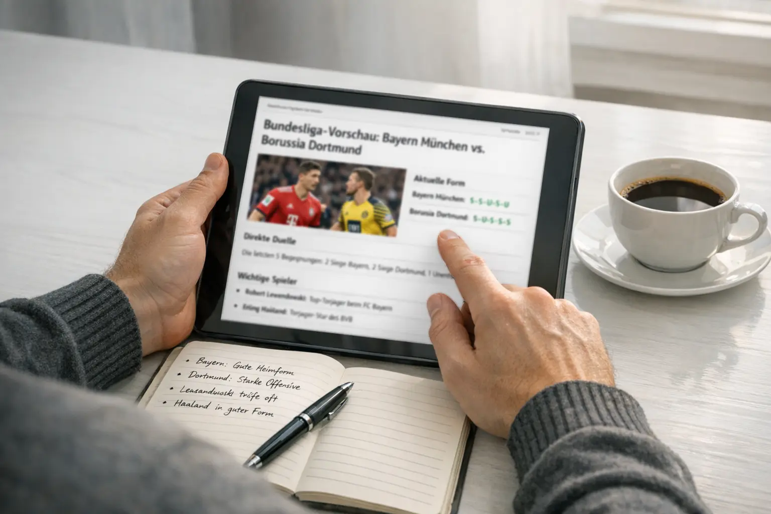 Person recherchiert Fussballinformationen am Tablet