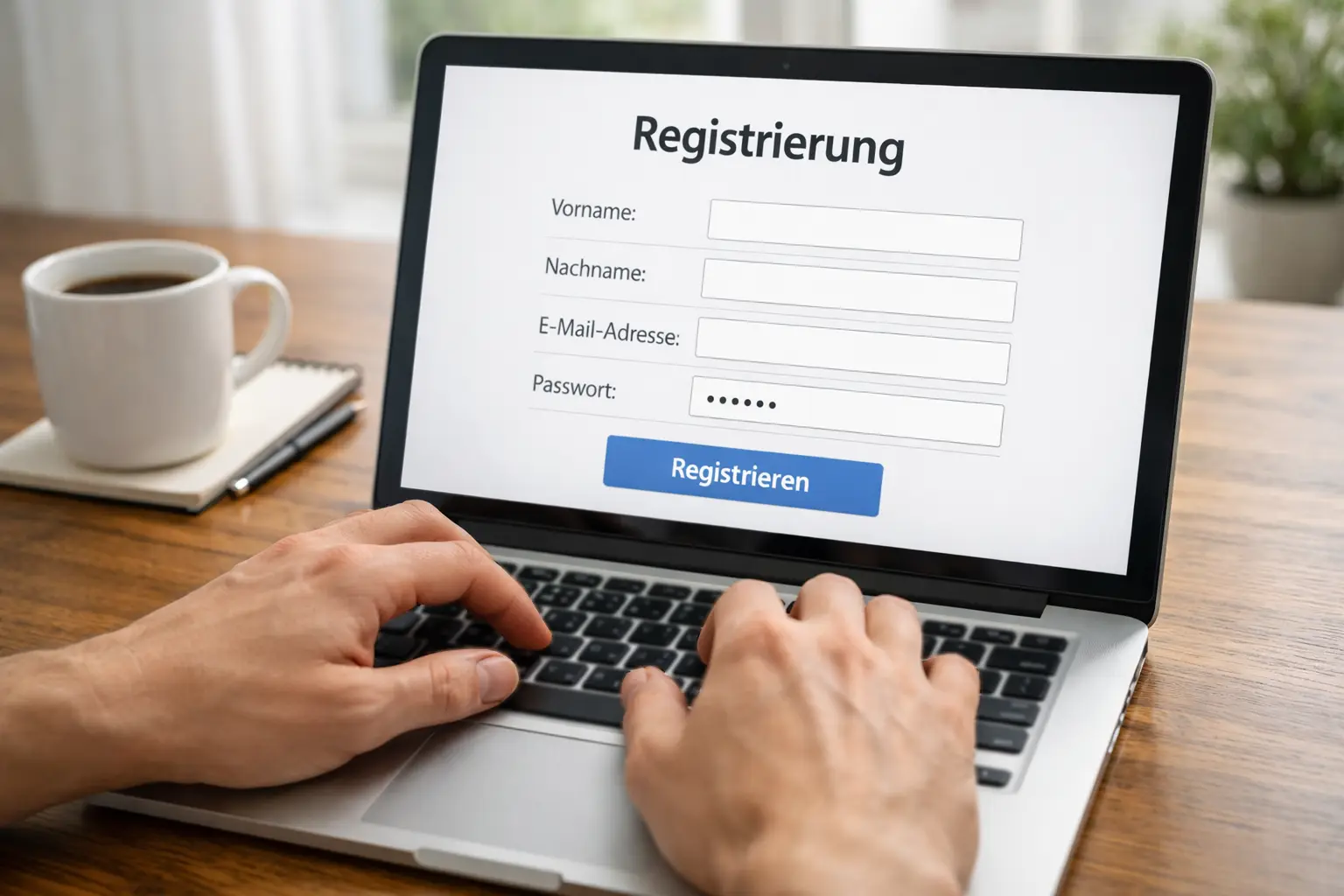 Haende tippen auf einer Laptop-Tastatur bei der Online-Registrierung