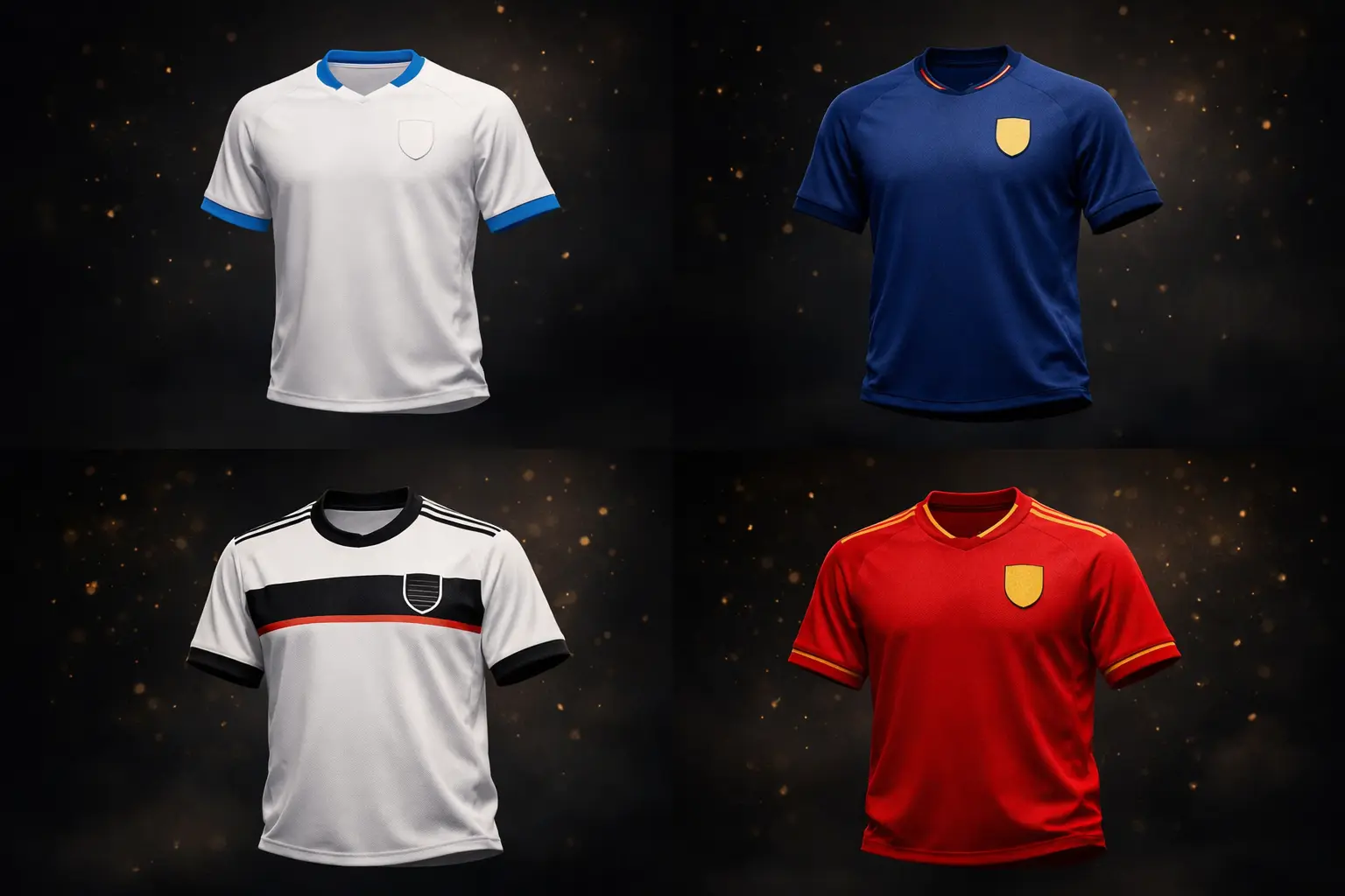 Flaggen und Trikots der Top-Favoriten England, Frankreich, Deutschland und Spanien
