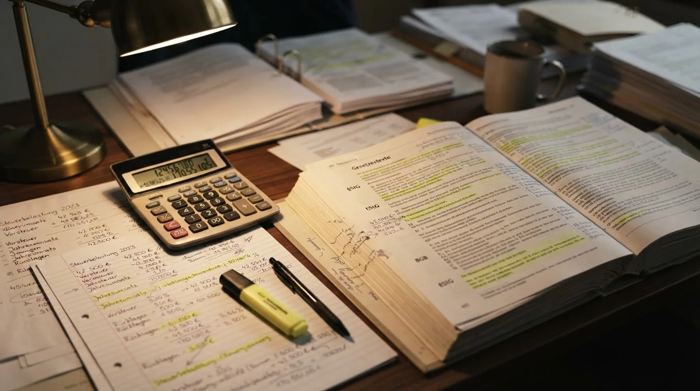 Gesetzestexte, Taschenrechner und Notizen zur steuerlichen und rechtlichen Bewertung