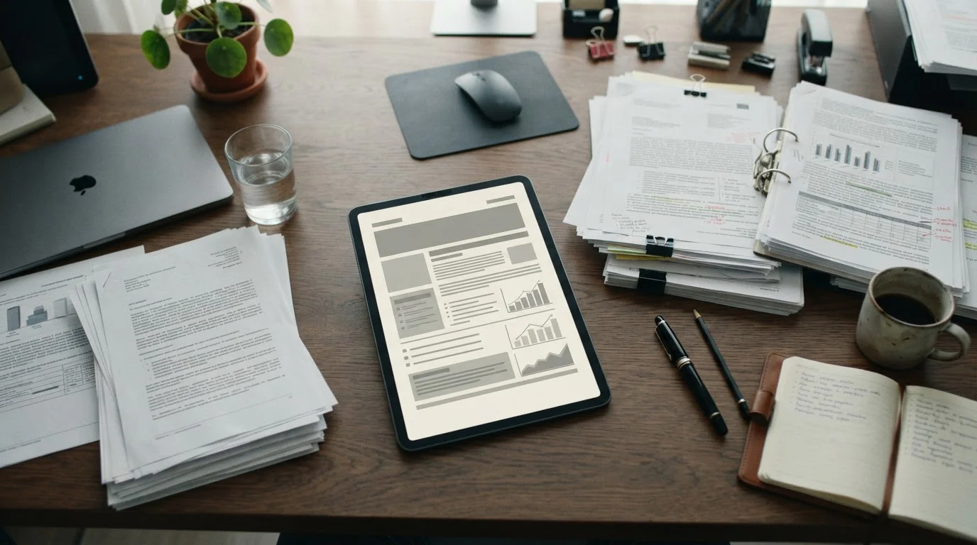 Offizielle Dokumente und Tablet mit regulatorischen Anforderungen auf Schreibtisch