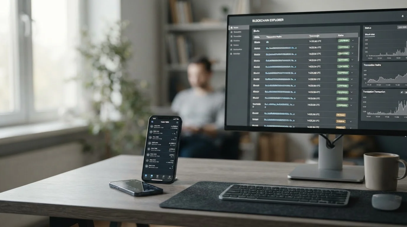 Smartphone mit Krypto-Wallet und Blockchain-Transaktionsverlauf auf einem Monitor