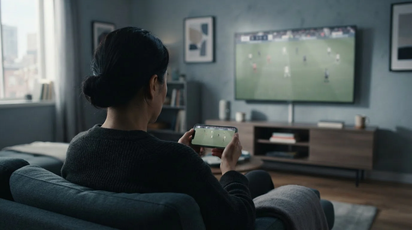 Person nutzt Smartphone für Live-Wetten während eines Sportspiels im Hintergrund