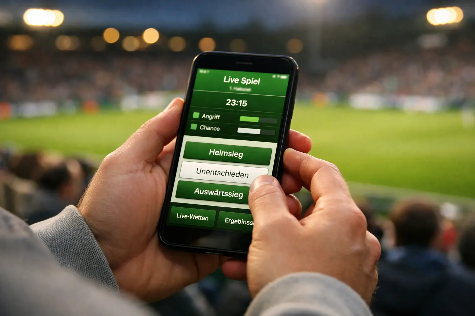 Fan schaut Fußballspiel im Stadion und prüft Live-Wetten auf dem Smartphone