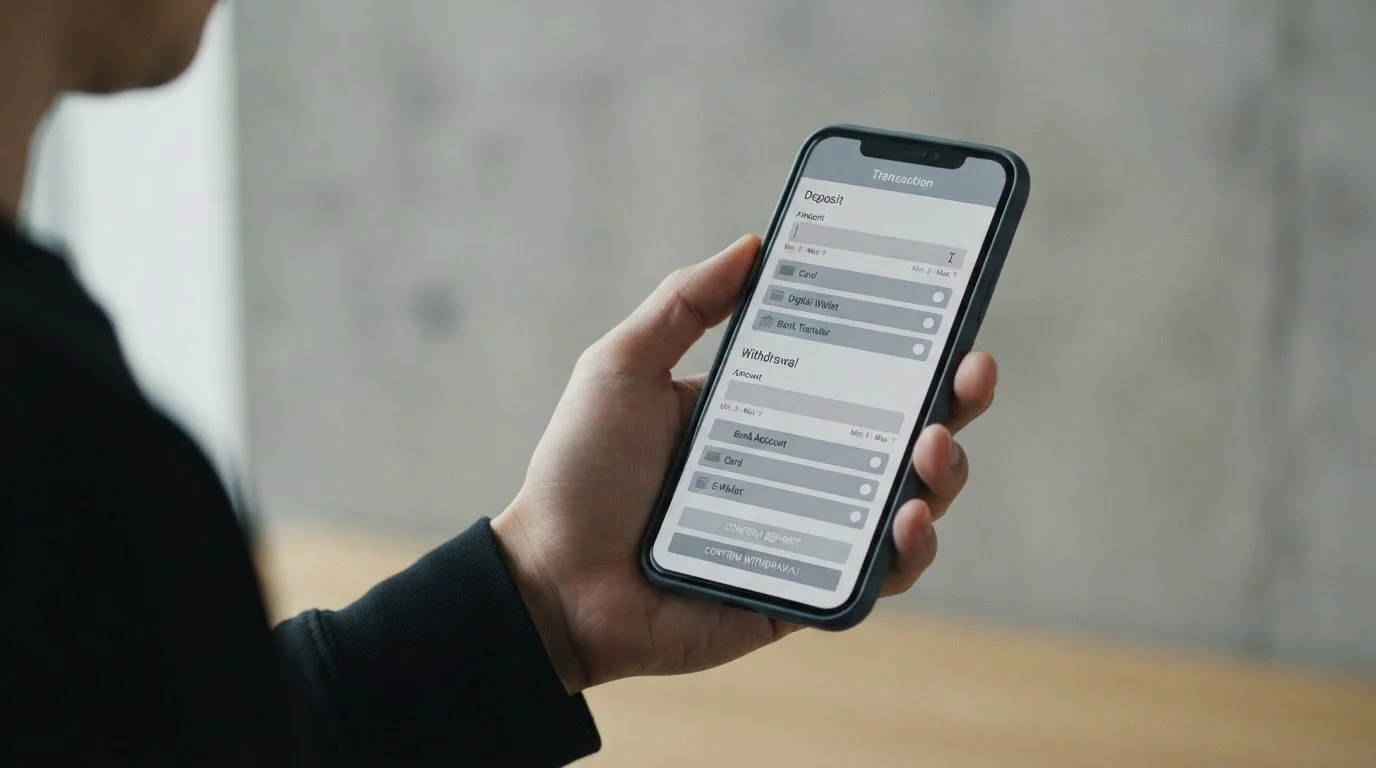 Smartphone zeigt abstrakte Zahlungsschnittstelle mit Einzahlungs- und Auszahlungsoptionen