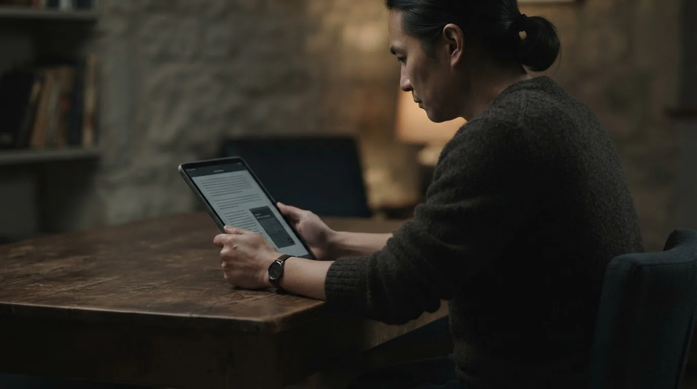 Person liest Kleingedrucktes auf Tablet in gedämpftem Licht