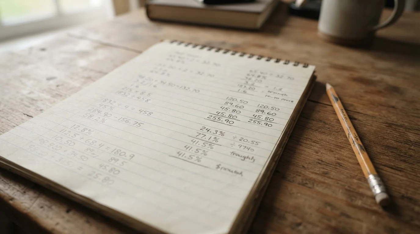 Nahaufnahme eines Notizblocks mit handschriftlichen Vergleichsrechnungen