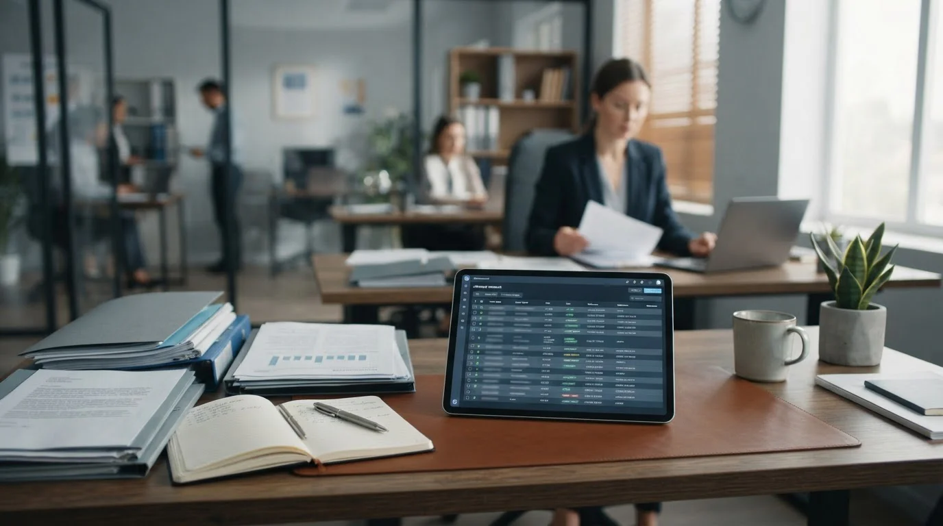 Offizielle Dokumente und Tablet mit Whitelist-Informationen auf Schreibtisch