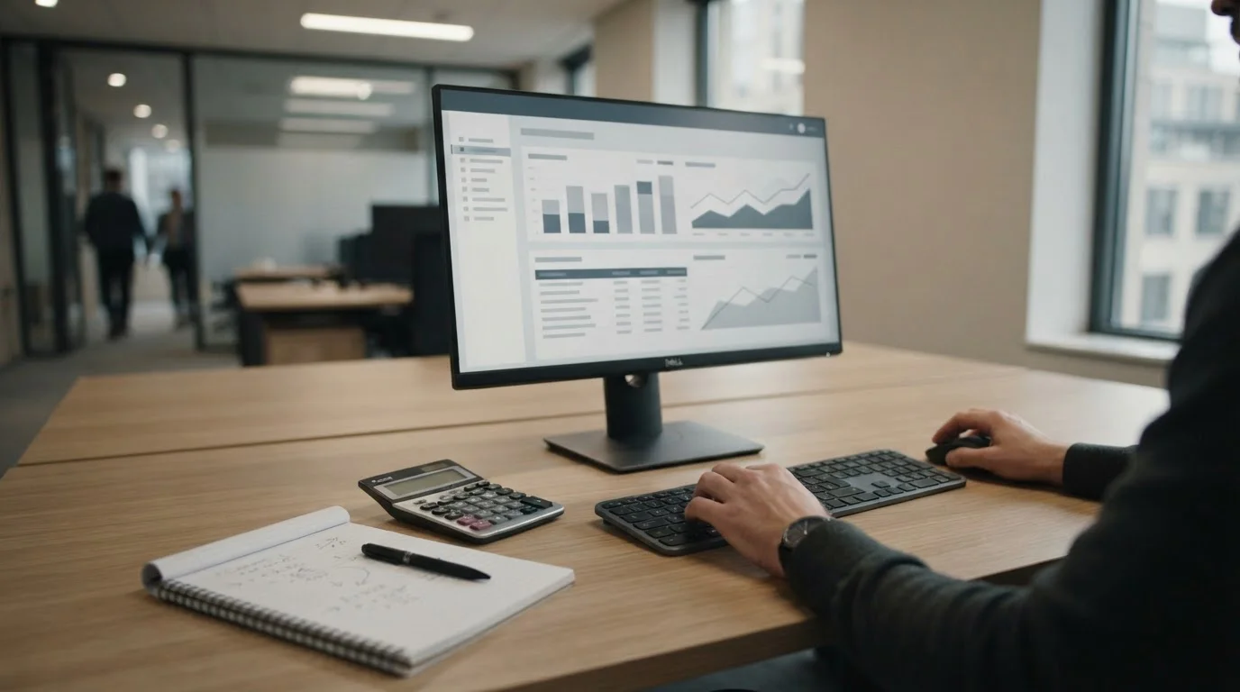 Finanzanalyse auf Desktop-Monitor zeigt Kostenstruktur verschiedener Zahlungssysteme
