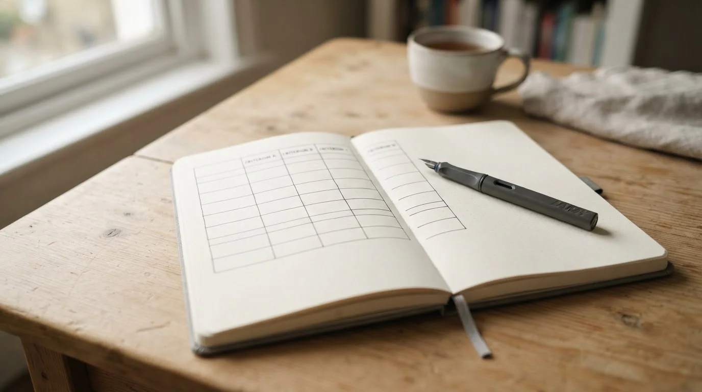 Notizblock mit handschriftlicher Vergleichstabelle und Stift auf hellem Schreibtisch